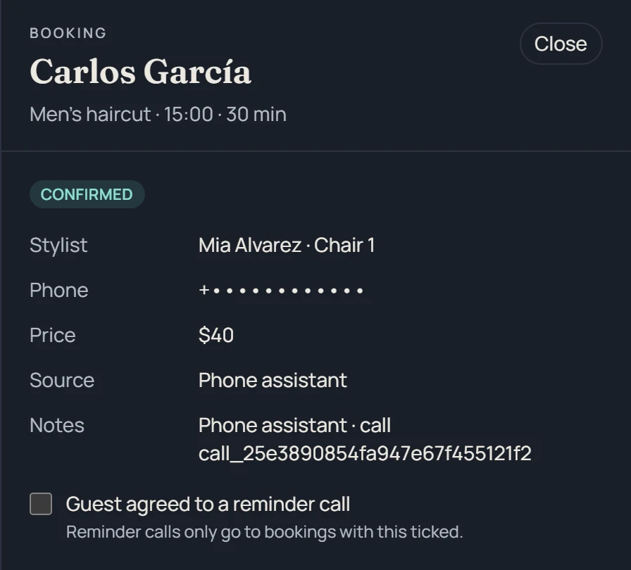 Booking made by the assistant: Carlos García, men’s haircut at 15:00 with Mia Alvarez, source Phone assistant