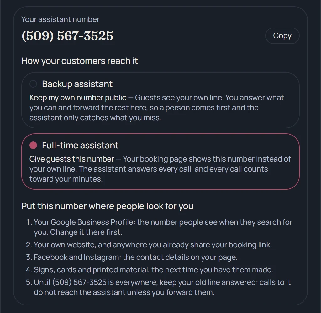 The assistant’s own number with two ways to use it, Backup assistant and Full-time assistant, and a checklist of where to put the number