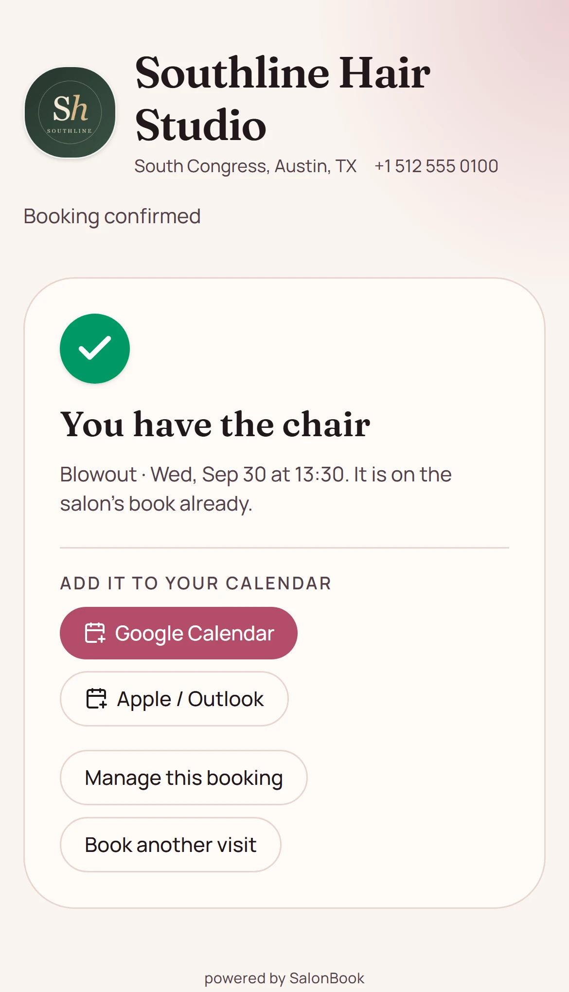 Booking confirmed on a phone, with buttons to add it to Google or Apple calendar and to manage the booking