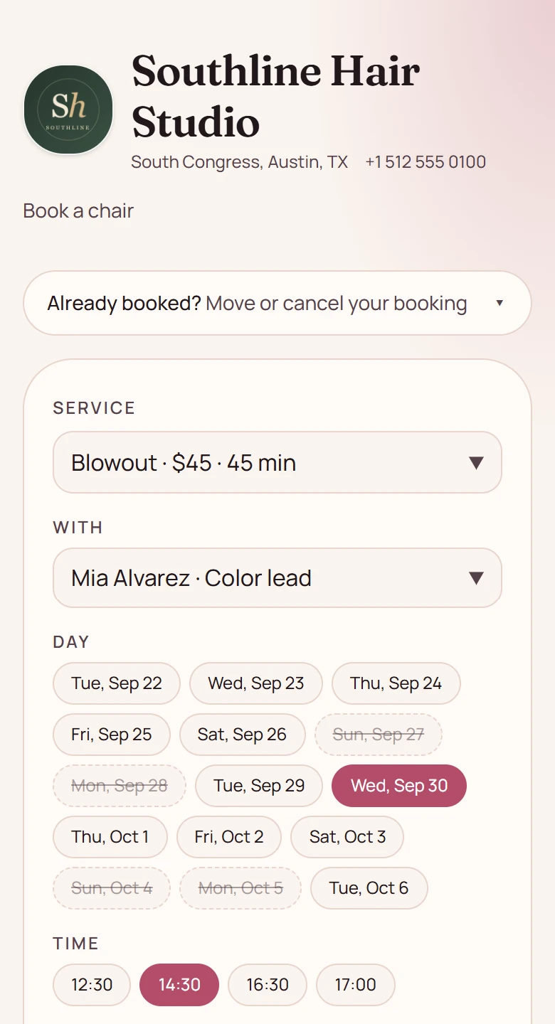 Guest booking page on a phone: service with price, stylist, days with closed days crossed out, free times