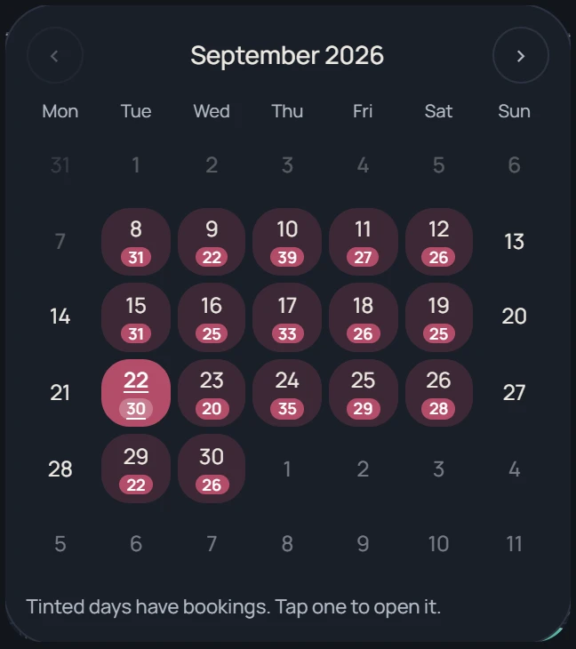 Month calendar with the number of bookings under each day