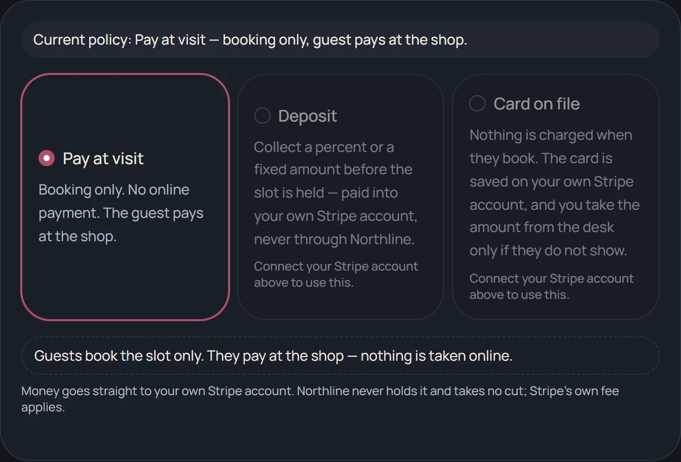Payment choices: pay at the visit, deposit, or card on file