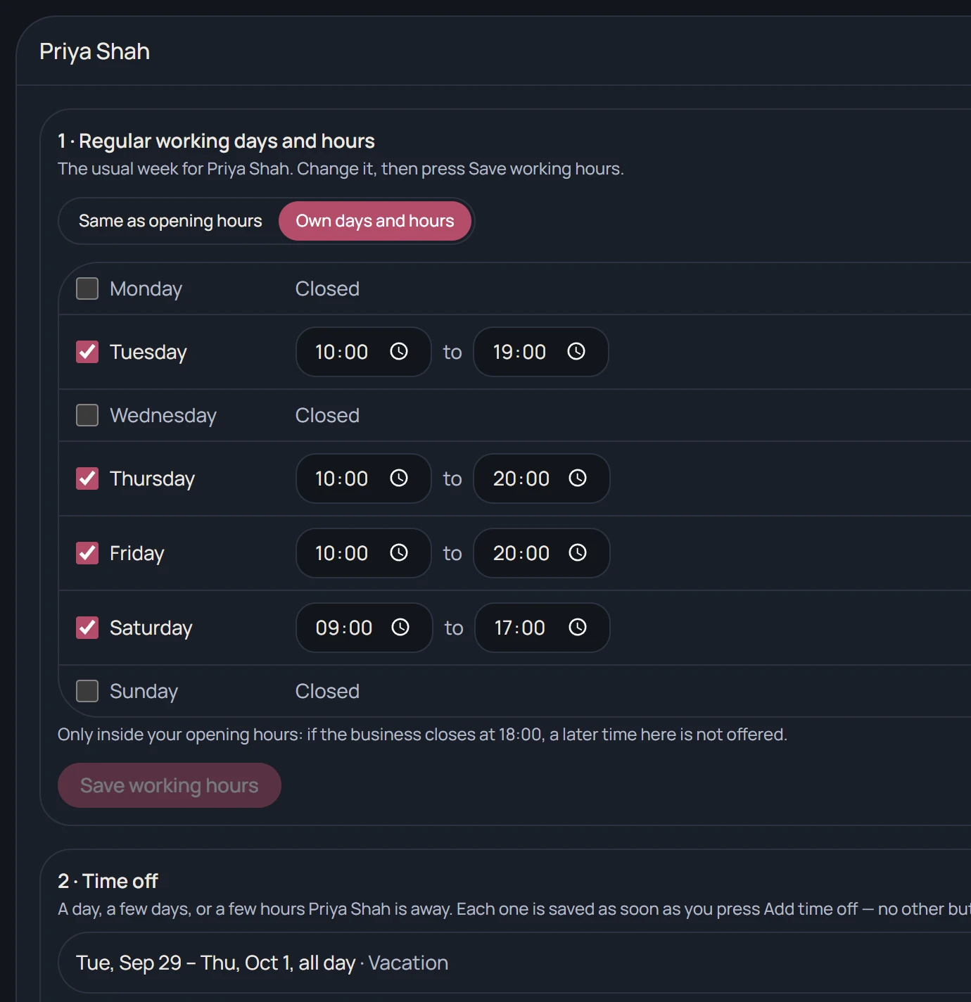 Team screen: one stylist's working days and hours, and a vacation entered as time off