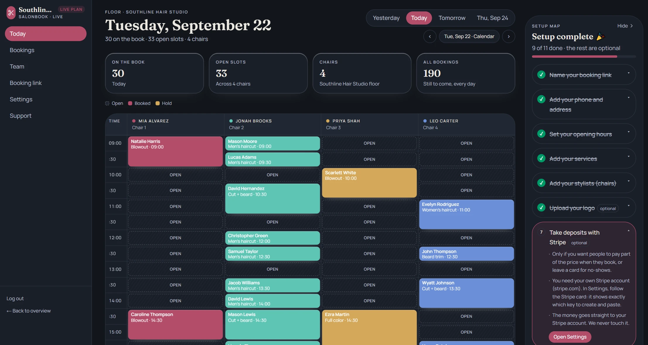 SalonBook Today screen: four stylist columns with the day's bookings, open slots and a setup checklist